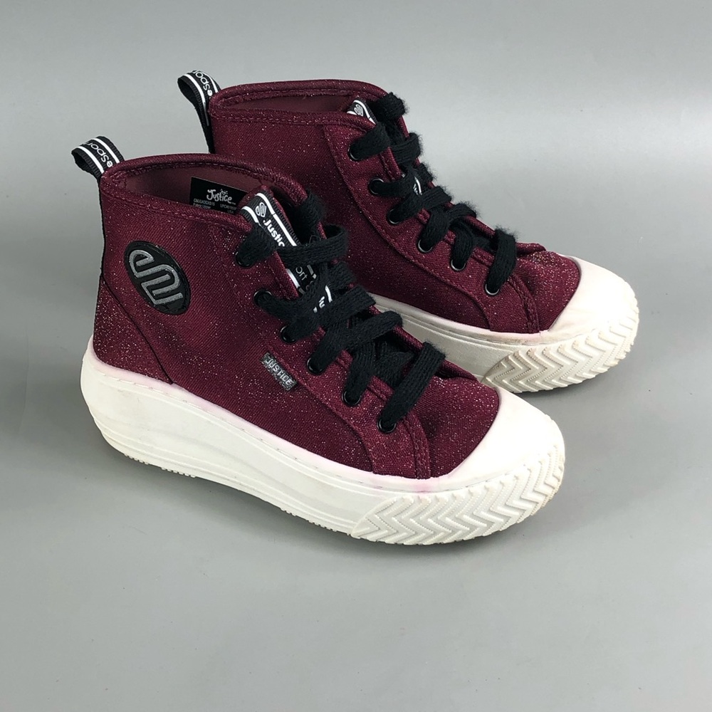 Justice Girls Burgundy Glitter High-Top Sneakers with Black Laces Size 3